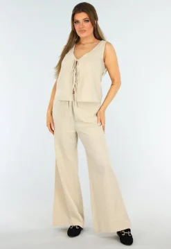 Beige Linnenlook Set met Gilet-Top en Wijde Broek met Striksluiting