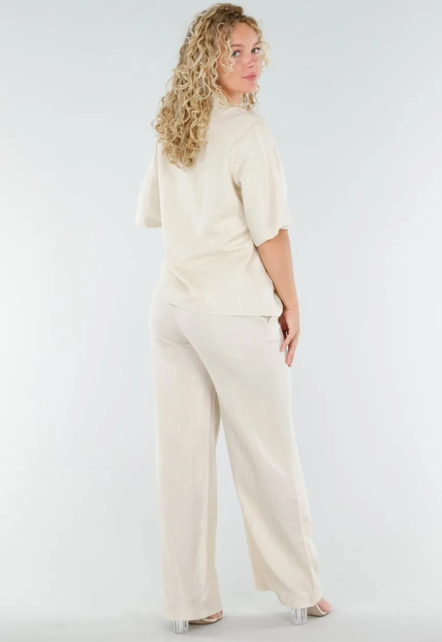 Beige Linnenlook Set met Rechte Broek en Blazer Top