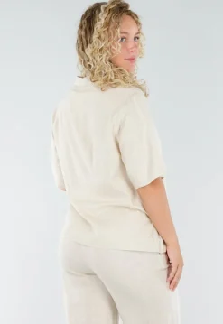 Beige Linnenlook Set met Rechte Broek en Blazer Top