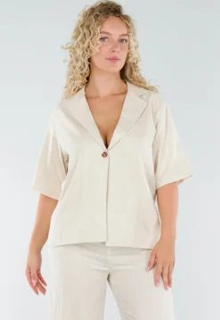 Beige Linnenlook Set met Rechte Broek en Blazer Top