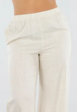 Beige Linnenlook Set met Rechte Broek en Blazer Top