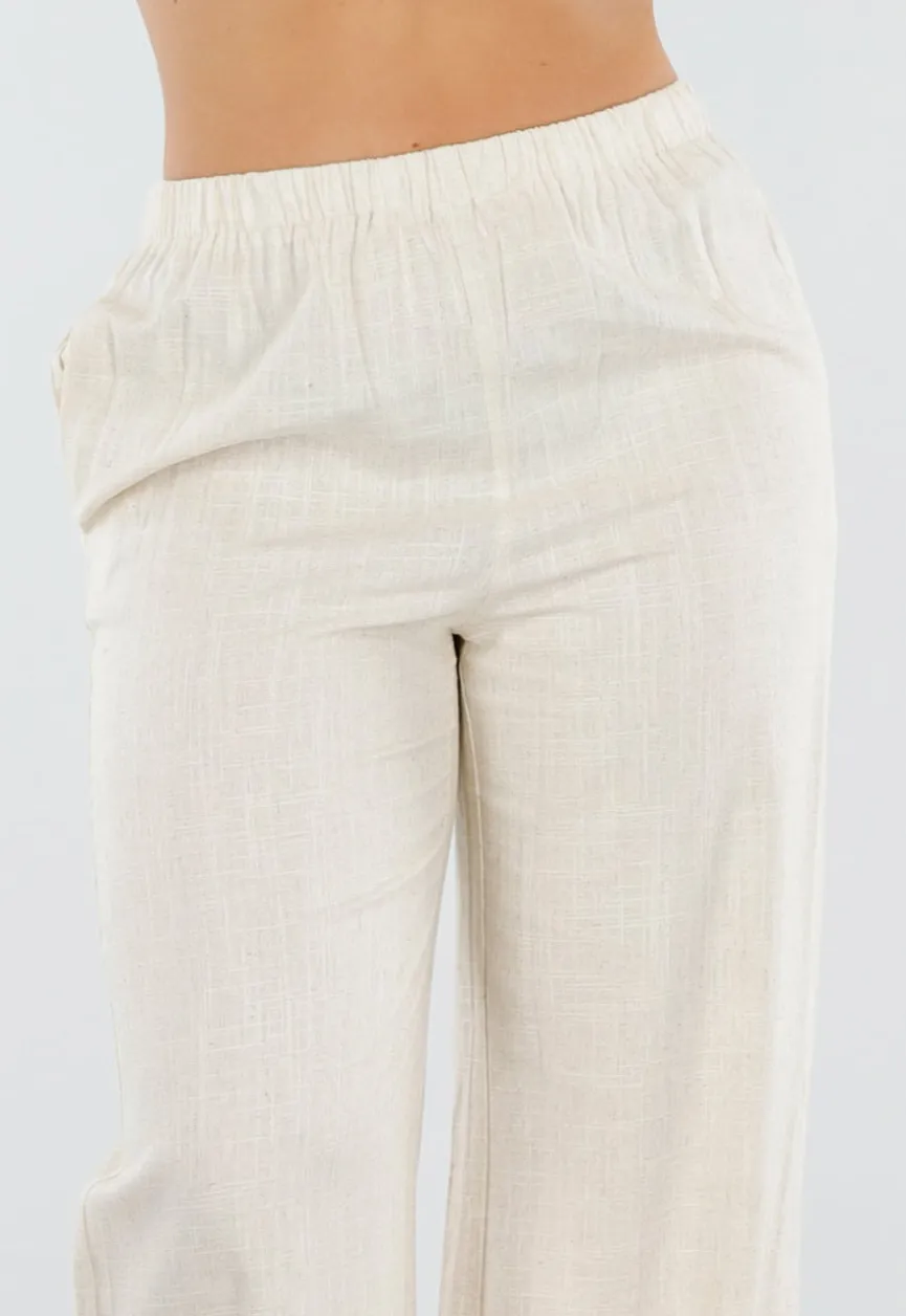 Beige Linnenlook Set met Rechte Broek en Blazer Top