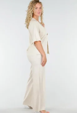 Beige Linnenlook Set met Rechte Broek en Blazer Top