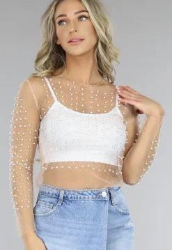 Beige Longsleeve Mesh Parel Top