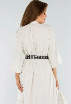 Beige Maxi-Jurk met Borduursels en Trompetmouwen in Linnenlook