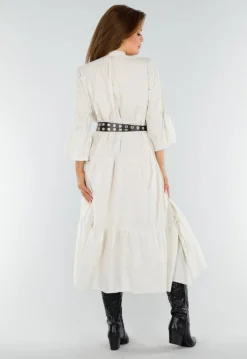 Beige Maxi-Jurk met Borduursels en Trompetmouwen in Linnenlook