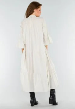 Beige Maxi-Jurk met Borduursels en Trompetmouwen in Linnenlook