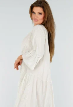 Beige Maxi-Jurk met Borduursels en Trompetmouwen in Linnenlook