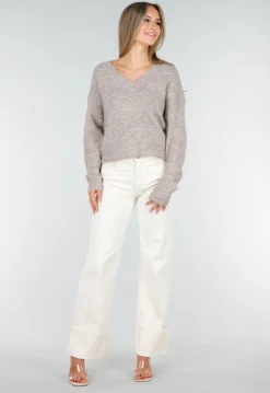 Beige Melange Trui met V-Hals en Zachte Pluizige Structuur