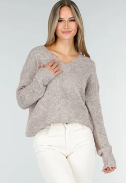 Beige Melange Trui met V-Hals en Zachte Pluizige Structuur