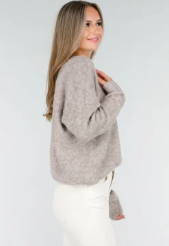 Beige Melange Trui met V-Hals en Zachte Pluizige Structuur