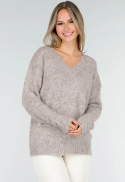 Beige Melange Trui met V-Hals en Zachte Pluizige Structuur