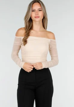 Beige Mesh Off Shoulder Top met Stretch en Lange Mouwen