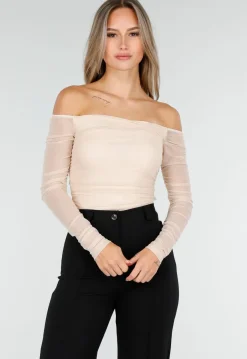 Beige Mesh Off Shoulder Top met Stretch en Lange Mouwen