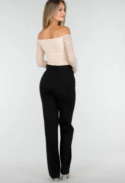 Beige Mesh Off Shoulder Top met Stretch en Lange Mouwen