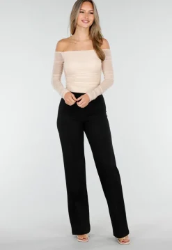 Beige Mesh Off Shoulder Top met Stretch en Lange Mouwen