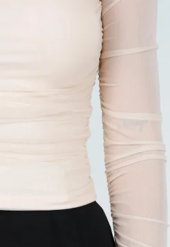 Beige Mesh Off Shoulder Top met Stretch en Lange Mouwen