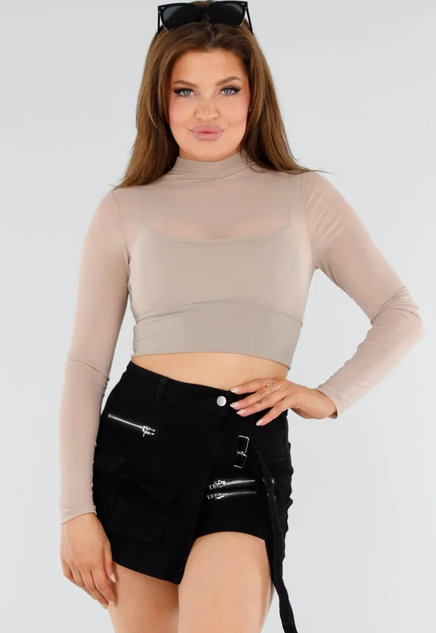 Beige Mesh Sporttop met Ingewerkte BH en Lange Mouwen