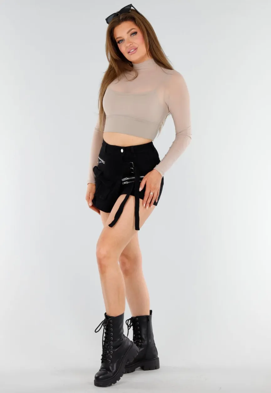 Beige Mesh Sporttop met Ingewerkte BH en Lange Mouwen