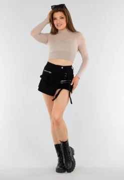 Beige Mesh Sporttop met Ingewerkte BH en Lange Mouwen