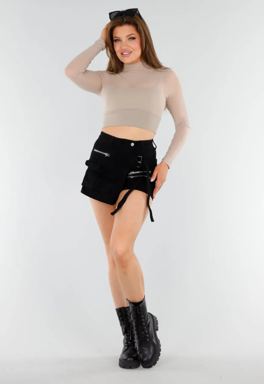 Beige Mesh Sporttop met Ingewerkte BH en Lange Mouwen