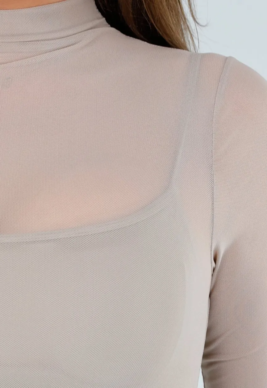 Beige Mesh Sporttop met Ingewerkte BH en Lange Mouwen