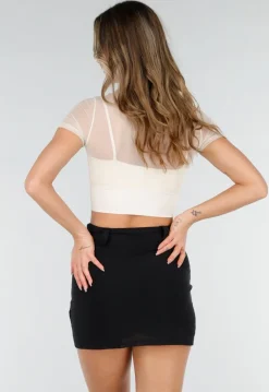 Beige Mesh Top met Ingewerkte Pads en Stretch