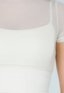 Beige Mesh Top met Ingewerkte Pads en Stretch