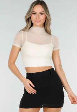 Beige Mesh Top met Ingewerkte Pads en Stretch