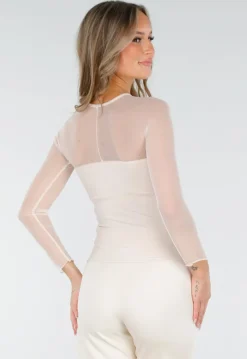 Beige Mesh Top met Lange Mouwen en Pads