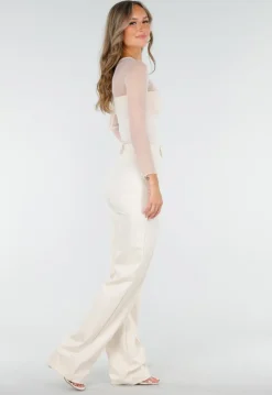 Beige Mesh Top met Lange Mouwen en Pads