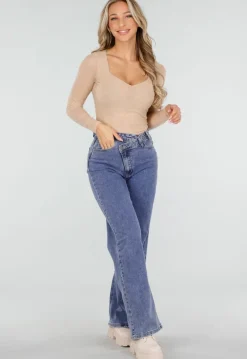 Beige Mesh Top met Vierkante Hals en Lange Mouwen