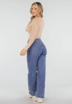 Beige Mesh Top met Vierkante Hals en Lange Mouwen