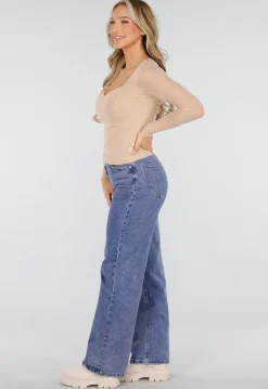 Beige Mesh Top met Vierkante Hals en Lange Mouwen