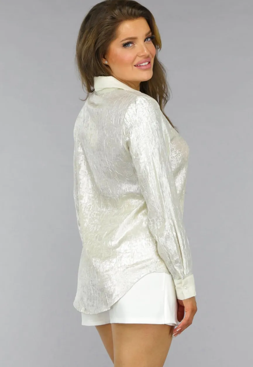 Beige Metallic Blouse met Parel Knopen