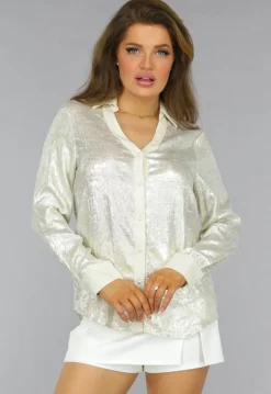 Beige Metallic Blouse met Parel Knopen