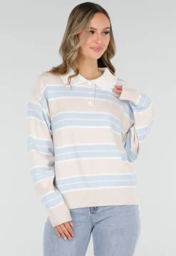 Beige met Blauw Gestreepte Polo Trui