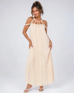 Beige Mousseline Maxi Jurk met Open Rug en Touwdetails