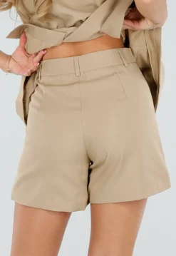 Beige Mouwloze Blazer Set met Nette Shorts en Riem