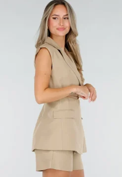 Beige Mouwloze Blazer Set met Nette Shorts en Riem