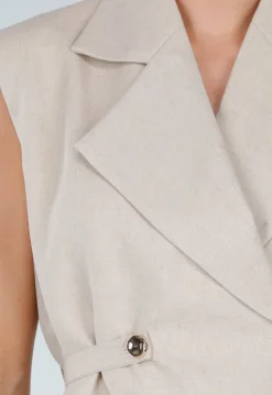 Beige Mouwloze Gilet met Reverskraag en Strikceintuur