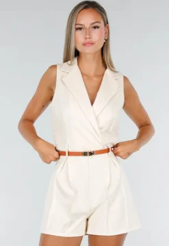 Beige Mouwloze Playsuit met V-Hals, Kraag en Bruine Riem