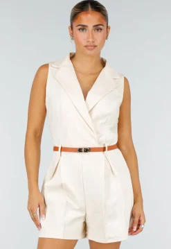 Beige Mouwloze Playsuit met V-Hals, Kraag en Bruine Riem
