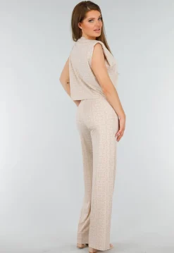 Beige Mouwloze Stretch Top met Schoudervulling en Ronde Hals