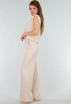 Beige Mouwloze Stretch Top met Schoudervulling en Ronde Hals