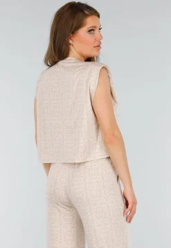 Beige Mouwloze Stretch Top met Schoudervulling en Ronde Hals