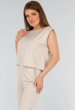 Beige Mouwloze Stretch Top met Schoudervulling en Ronde Hals