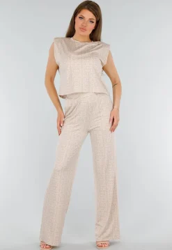 Beige Mouwloze Stretch Top met Schoudervulling en Ronde Hals