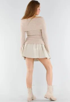 Beige Off Shoulder Gebreide Trui met Uitlopende Mouwen
