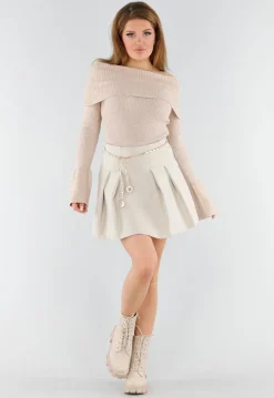 Beige Off Shoulder Gebreide Trui met Uitlopende Mouwen